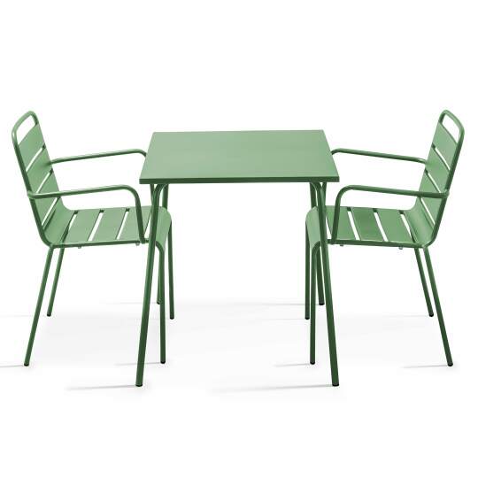 Mesa de jardín cuadrada y 2 sillas de metal apilables | Oviala