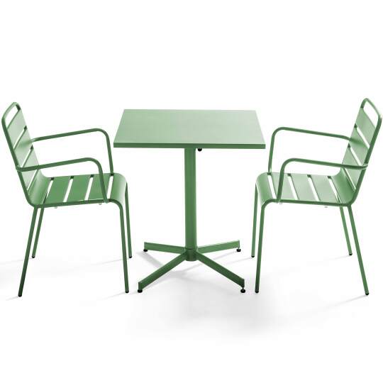 Mesa de jardín bistro de metal inclinable cuadrada de 70x70 cm y 2 sillas con reposabrazos | Oviala