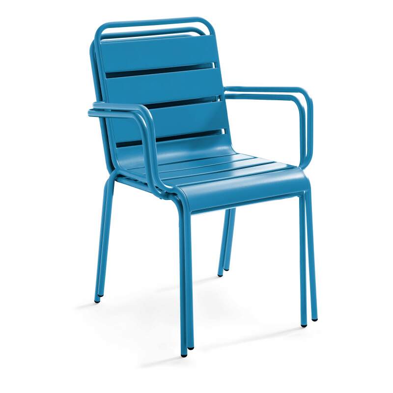 Mesa cuadrada de jardín con tablero plegable 70 x 70 cm y 2 sillas con reposabrazos de metal