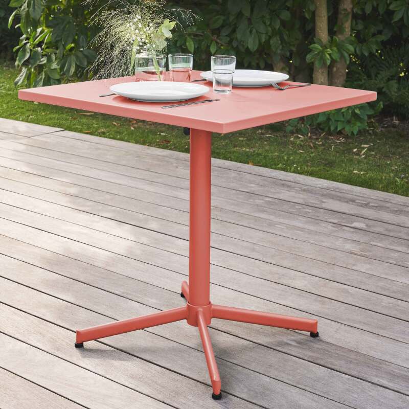 Mesa cuadrada de jardín con tablero plegable 70 x 70 cm y 2 sillas con reposabrazos de metal