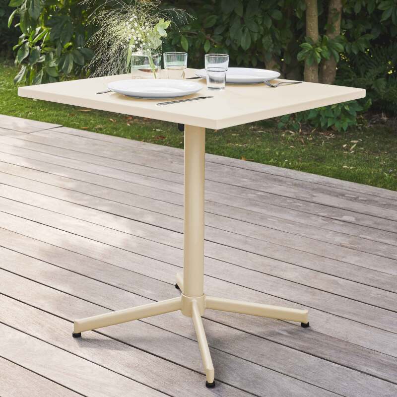 Mesa cuadrada de jardín con tablero plegable 70 x 70 cm y 2 sillas con reposabrazos de metal