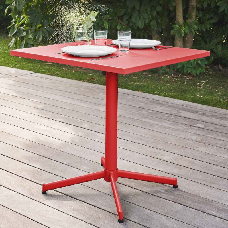 Mesa cuadrada de jardín con tablero plegable 70 x 70 cm y 2 sillas con reposabrazos de metal