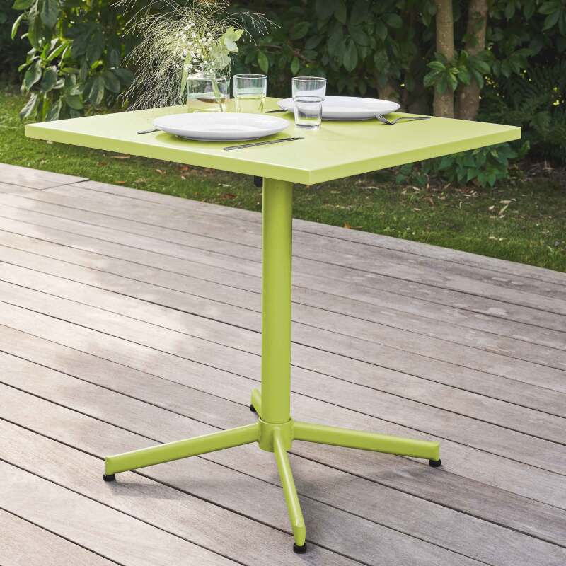 Mesa cuadrada de jardín con tablero plegable 70 x 70 cm y 2 sillas con reposabrazos de metal