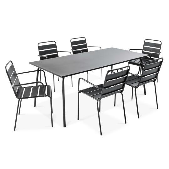Mesa de jardín rectangular de 180 x 90 cm y 6 sillas con brazos de metal