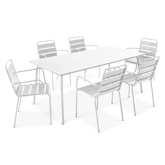Mesa de jardín rectangular + 6 sillas apilables con reposabrazos | Oviala