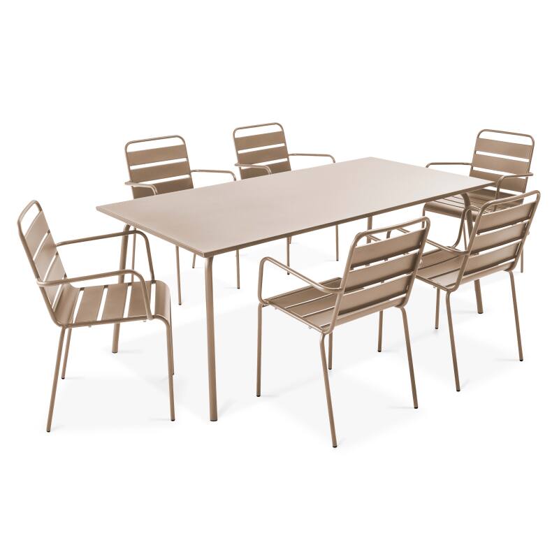 Mesa de jardín rectangular de 180 x 90 cm y 6 sillas con brazos de metal