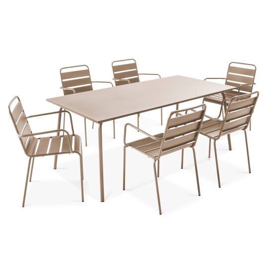 Mesa de jardín rectangular + 6 sillas apilables con reposabrazos | Oviala
