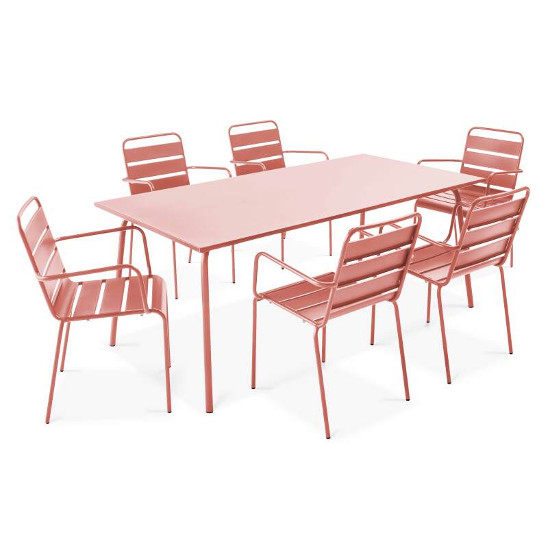 Mesa de jardín rectangular de 180 x 90 cm y 6 sillas con brazos de metal
