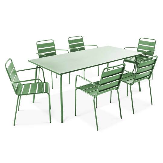 Mesa de jardín rectangular de 180 x 90 cm y 6 sillas con brazos de metal