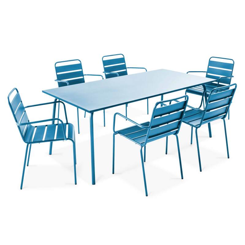 Mesa de jardín rectangular de 180 x 90 cm y 6 sillas con brazos de metal