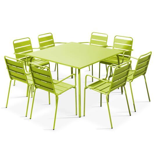 Mesa de jardín cuadrada de 120 x 120 cm y 8 sillas con brazos de metal