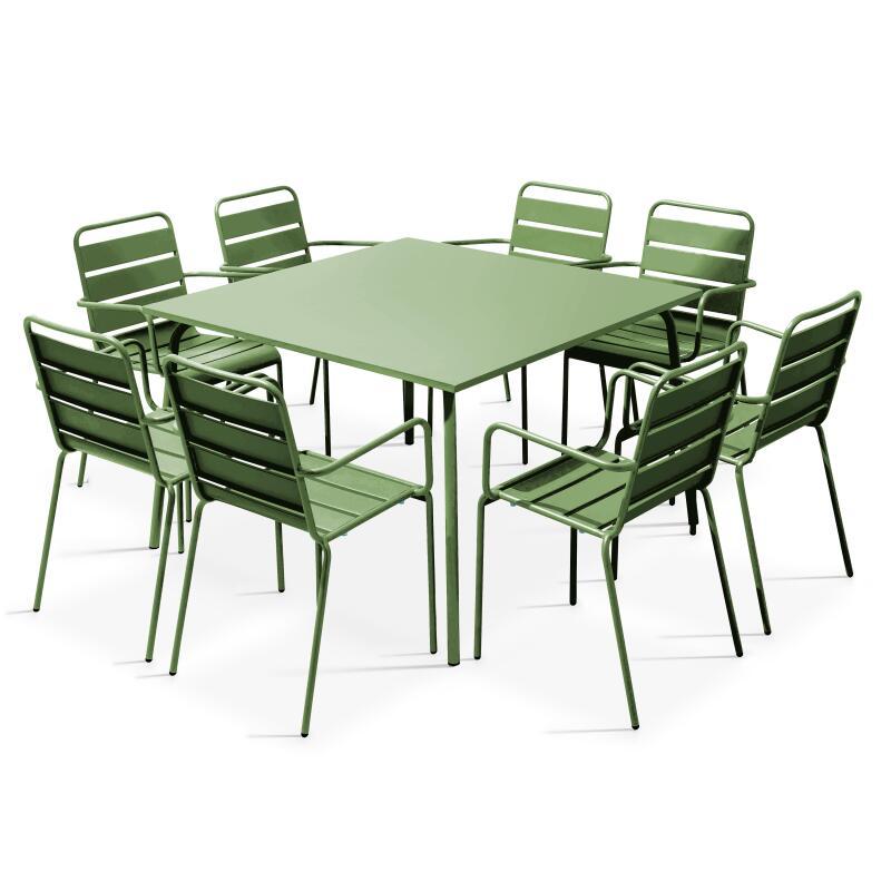 Mesa de jardín cuadrada de 120 x 120 cm y 8 sillas con brazos de metal