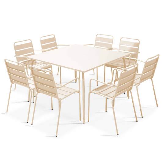 Mesa de jardín cuadrada + 8 sillas con reposabrazos de metal | Oviala