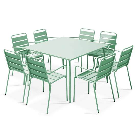 Mesa de jardín cuadrada + 8 sillas con reposabrazos de metal | Oviala