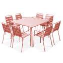 Mesa de jardín cuadrada de 120 x 120 cm y 8 sillas con brazos de metal