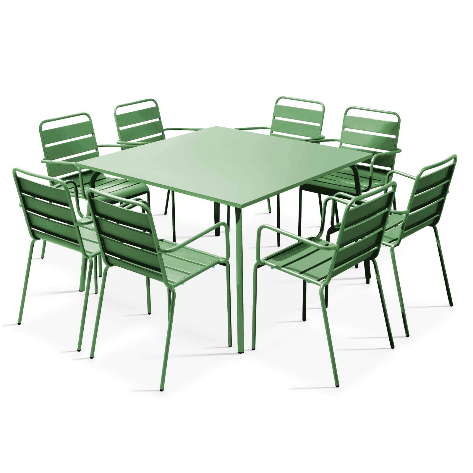 Mesa de jardín cuadrada de 120 x 120 cm y 8 sillas con brazos de metal