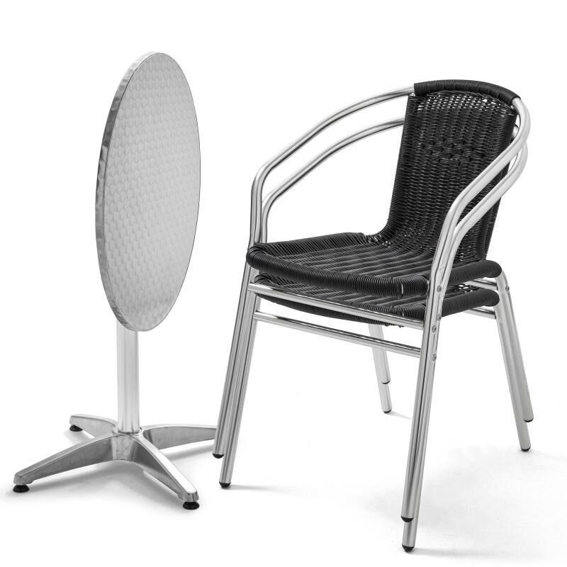 Mesa redonda de jardín de Ø70 cm de diámetro, inclinable y de aluminio, con 2 sillas con reposabrazos