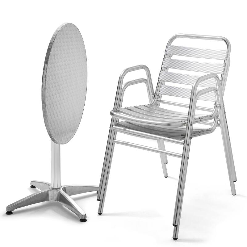 Mesa redonda de jardín de Ø70 cm de diámetro, inclinable y de aluminio + 2 sillas con reposabrazos