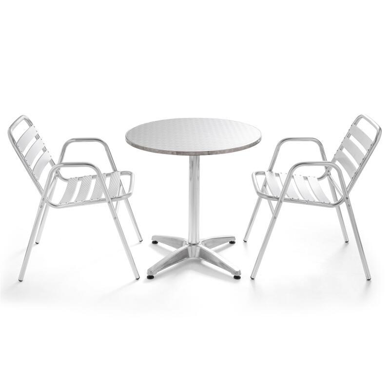 Mesa redonda de jardín de Ø70 cm de diámetro en aluminio y 2 sillas con reposabrazos
