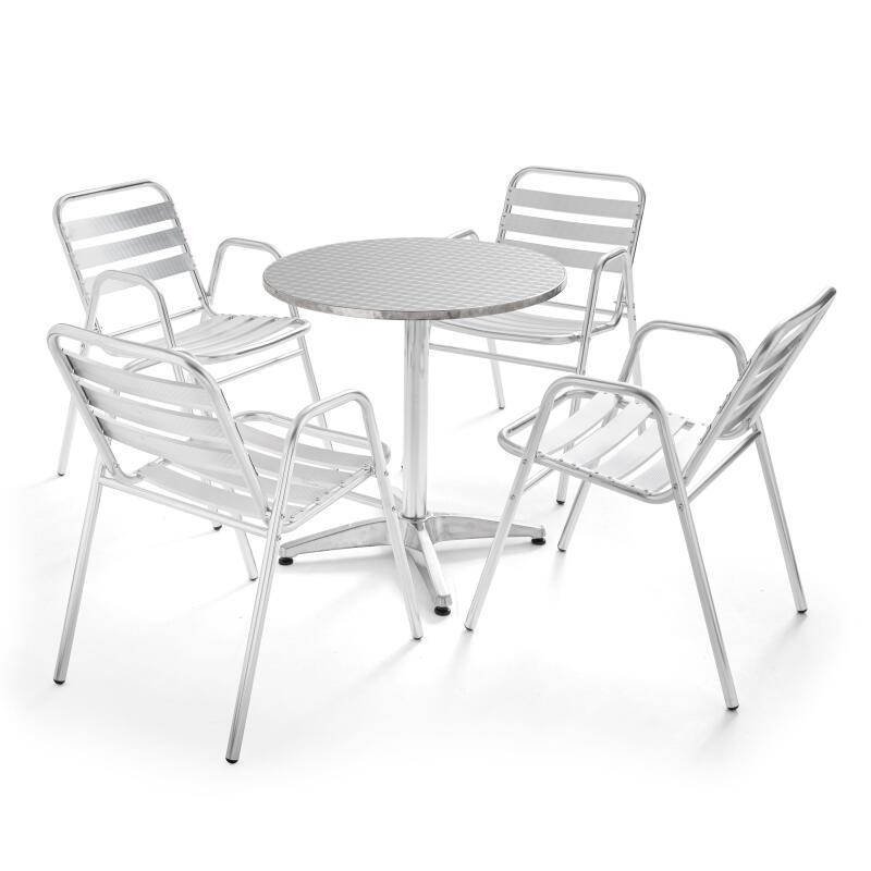 Mesa redonda de jardín de Ø70 cm de diámetro en aluminio y 4 sillas con reposabrazos