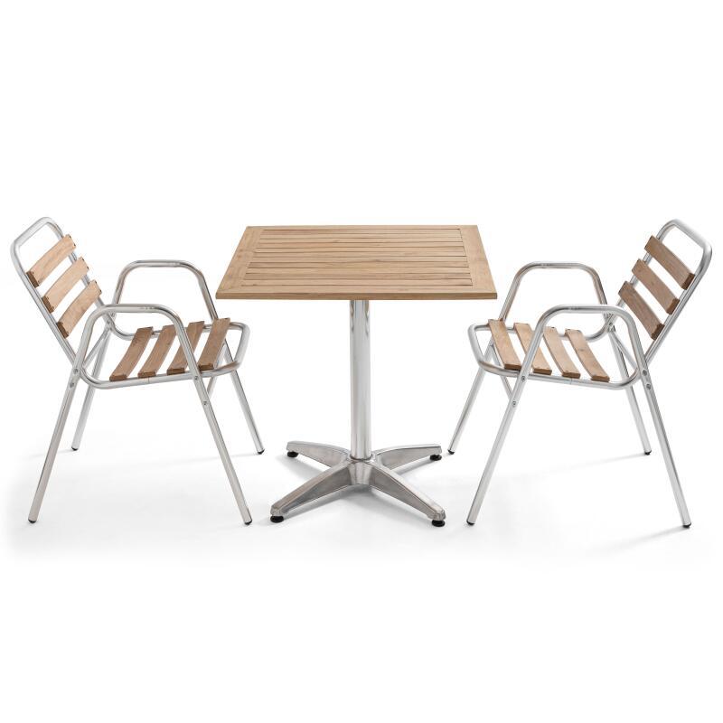Mesa de terraza cuadrada de 70 x 70 cm y 2 sillas con reposabrazos de madera y aluminio
