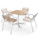 Mesa cuadrada de 70 x 70 cm y 4 sillas con reposabrazos de madera y aluminio
