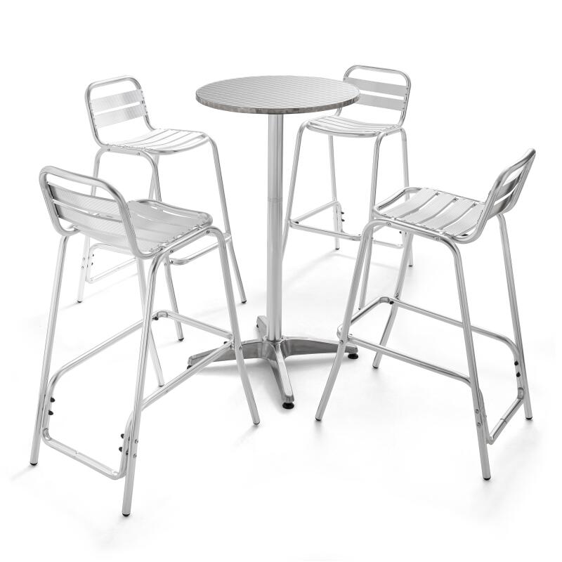 Mesa alta redonda de bar de Ø60 cm en aluminio + 4 sillas altas