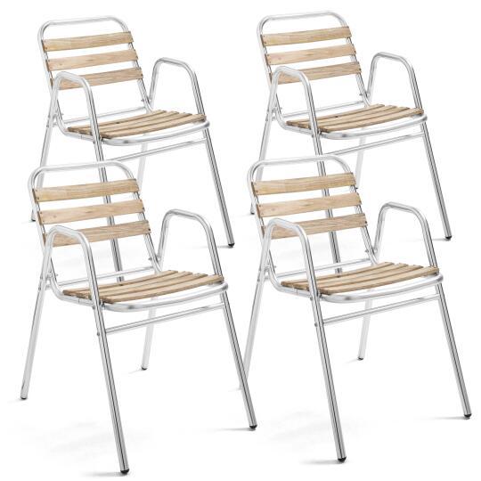 Lote de 4 sillas de jardín con reposabrazos de madera y aluminio