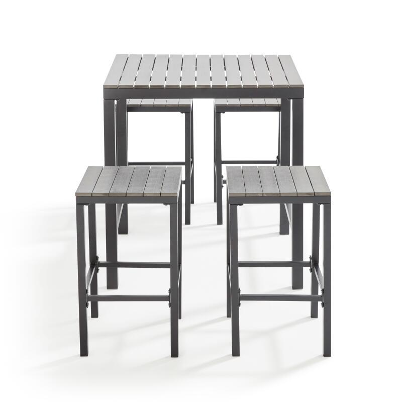 Mesa alta de jardín de 90 x 80 cm de aluminio y poliwood con 4 taburetes