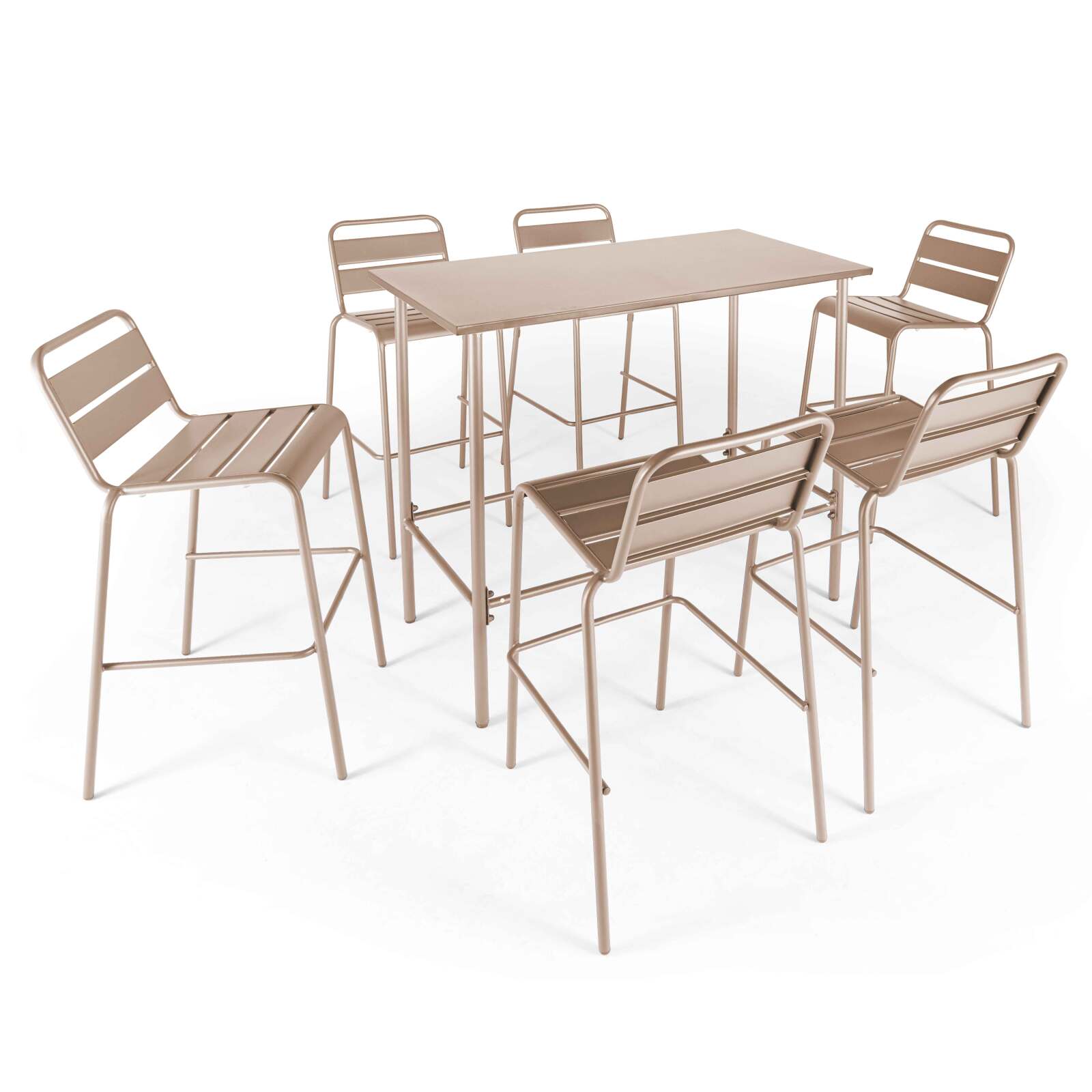 Mesa alta de jardín de 120 x 60 cm y 6 sillas altas de metal