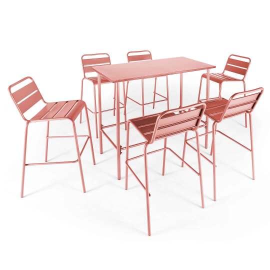 Mesa alta de jardín de 120 x 60 cm y 6 sillas altas de metal