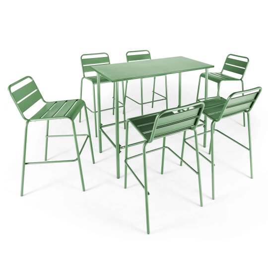 Mesa alta de jardín de 120 x 60 cm y 6 sillas altas de metal
