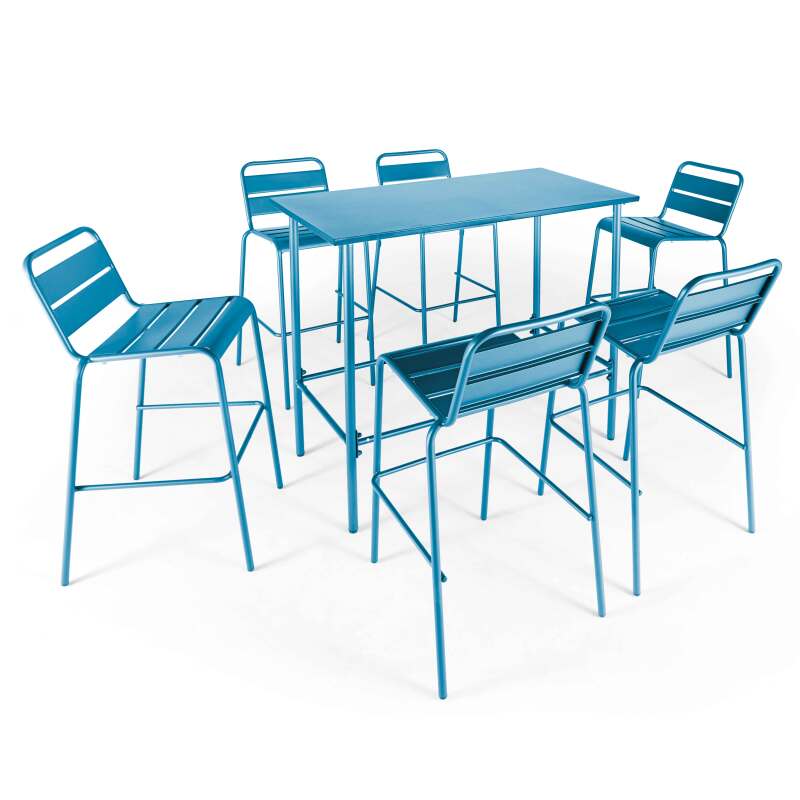 Mesa alta de jardín de 120 x 60 cm y 6 sillas altas de metal