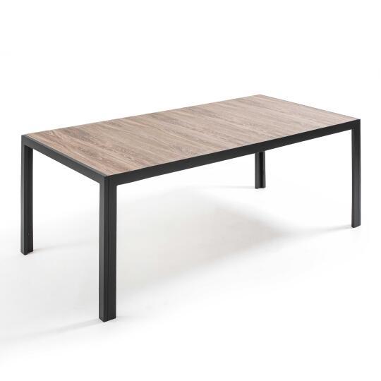 Mesa de jardín de aluminio y cerámica con efecto de madera (206 x 100 x 74,5 cm)