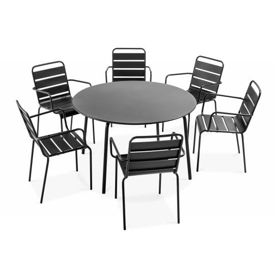 Mesa de jardín redonda Ø120 x 72 cm y 6 sillas con brazos de metal