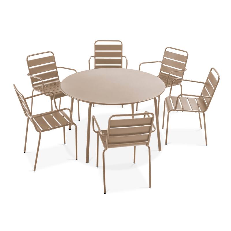 Mesa de jardín redonda Ø120 x 72 cm y 6 sillas con brazos de metal