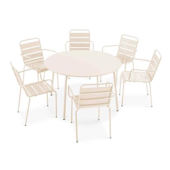 Mesa de jardín redonda Ø120 x 72 cm y 6 sillas con brazos de metal