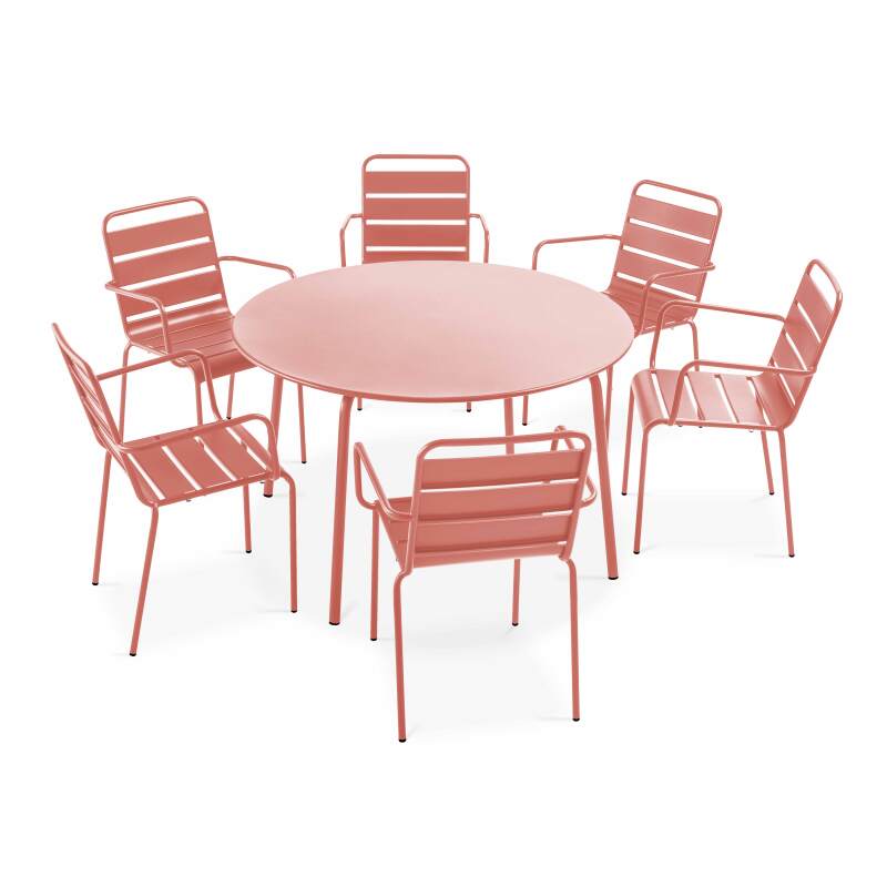 Mesa de jardín redonda Ø120 x 72 cm y 6 sillas con brazos de metal