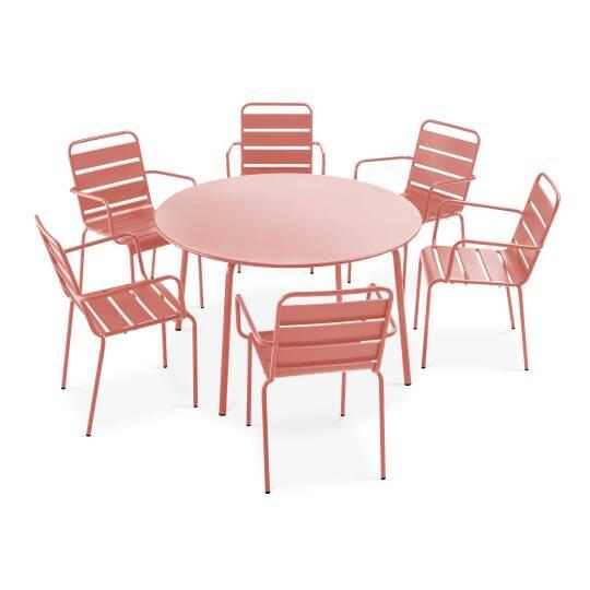 Mesa de jardín redonda Ø120 x 72 cm y 6 sillas con brazos de metal