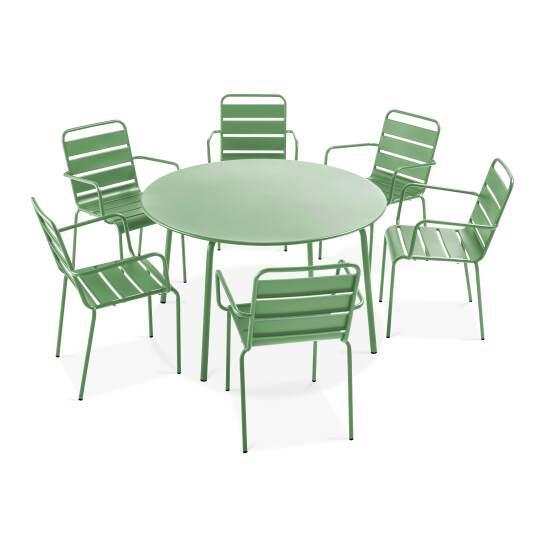 Mesa redonda de jardín + 6 sillas con reposabrazos de metal | Oviala
