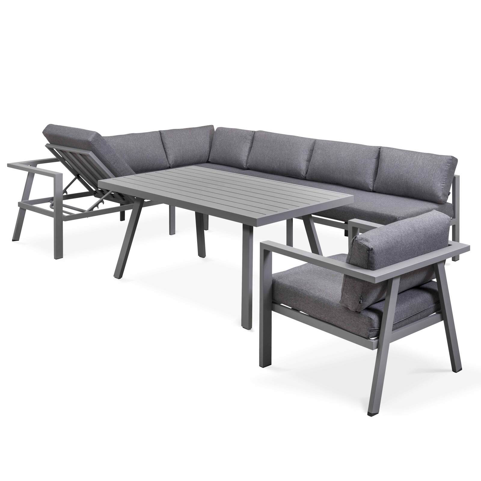 Conjunto de jardín de 6 plazas de aluminio + 1 sillón + 1 mesa de comedor