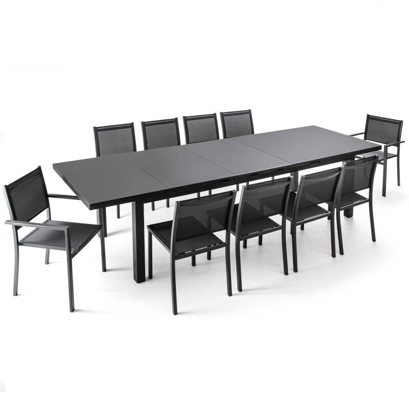 Mesa de jardín rectangular extensible con 8 sillas y 2 sillas con reposabrazos