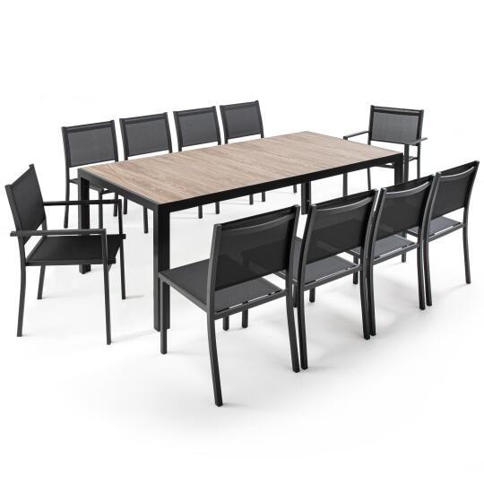 Mesa de jardín rectangular con tablero de cerámica efecto madera, con 8 sillas y 2 sillas con reposabrazos