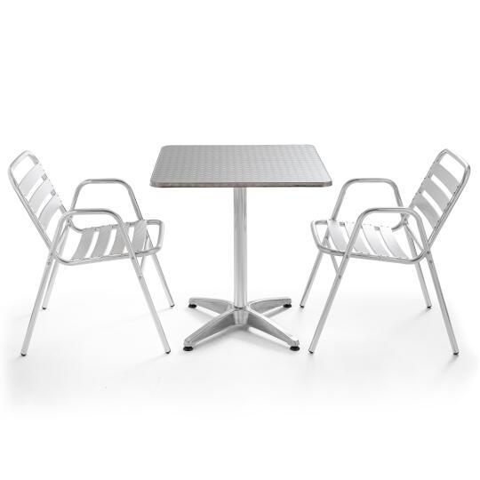 Mesa de jardín bistró cuadrada de 70 x 70 cm de aluminio y 2 sillas con reposabrazos