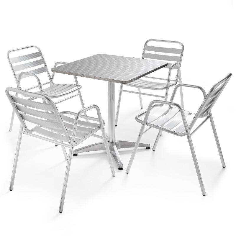 Mesa de jardín bistró cuadrada de 70 x 70 cm y 4 sillas con reposabrazos de aluminio
