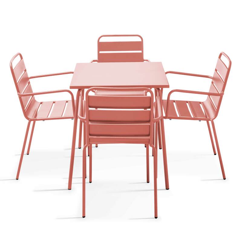 Mesa cuadrada de conjunto (70 x 70 x 72 cm) y 4 sillas con reposabrazos