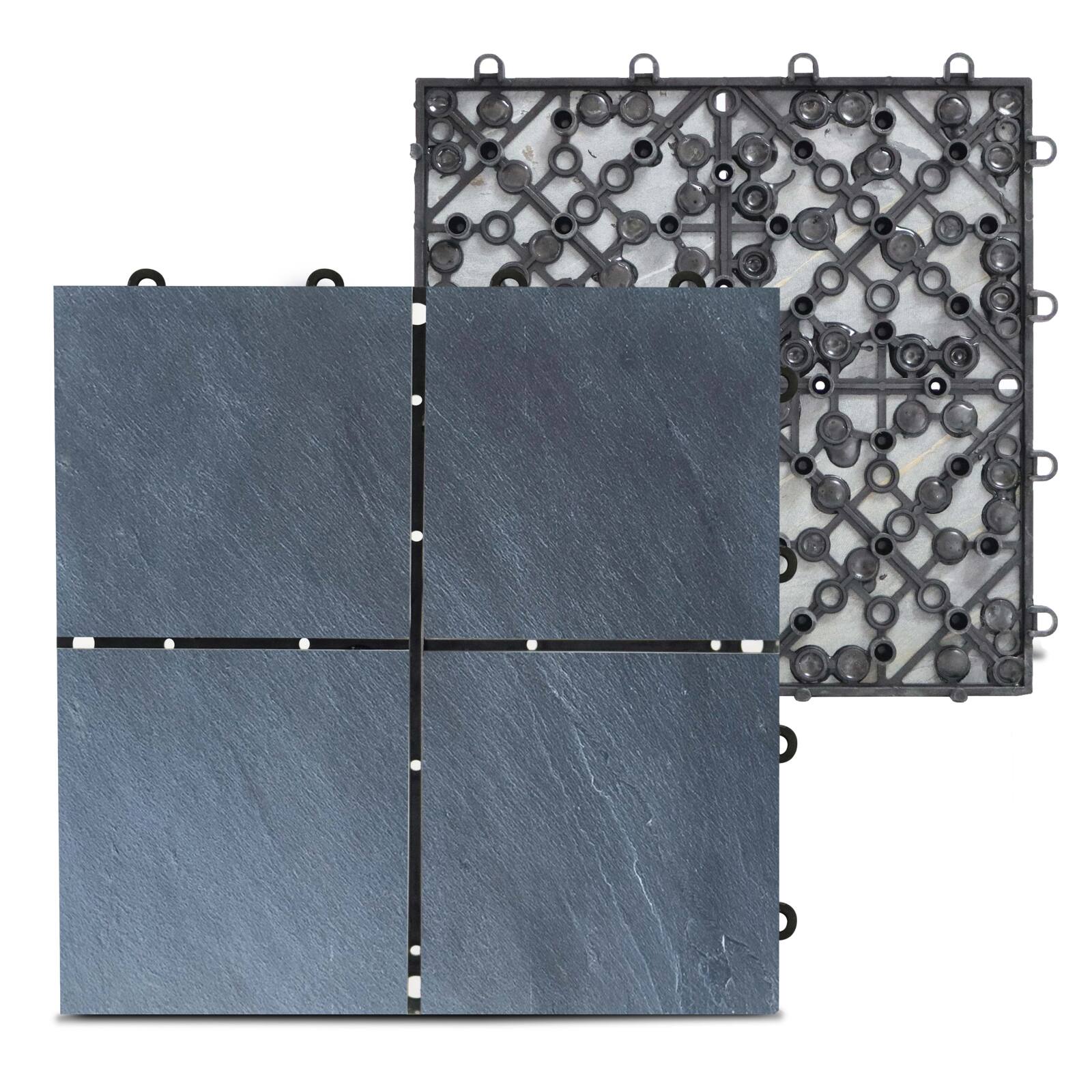 Lote de baldosas de terraza encajables en cuadrícula de piedra negra (30 x 30 x 2,5 cm)