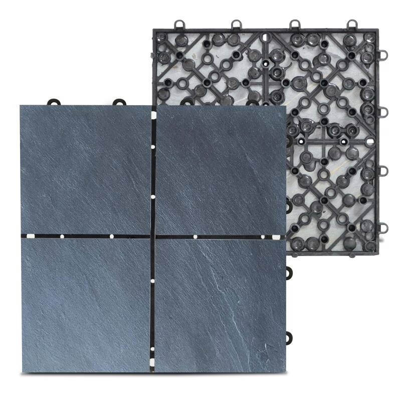 Lote de baldosas de terraza encajables en cuadrícula de piedra negra (30 x 30 x 2,5 cm)