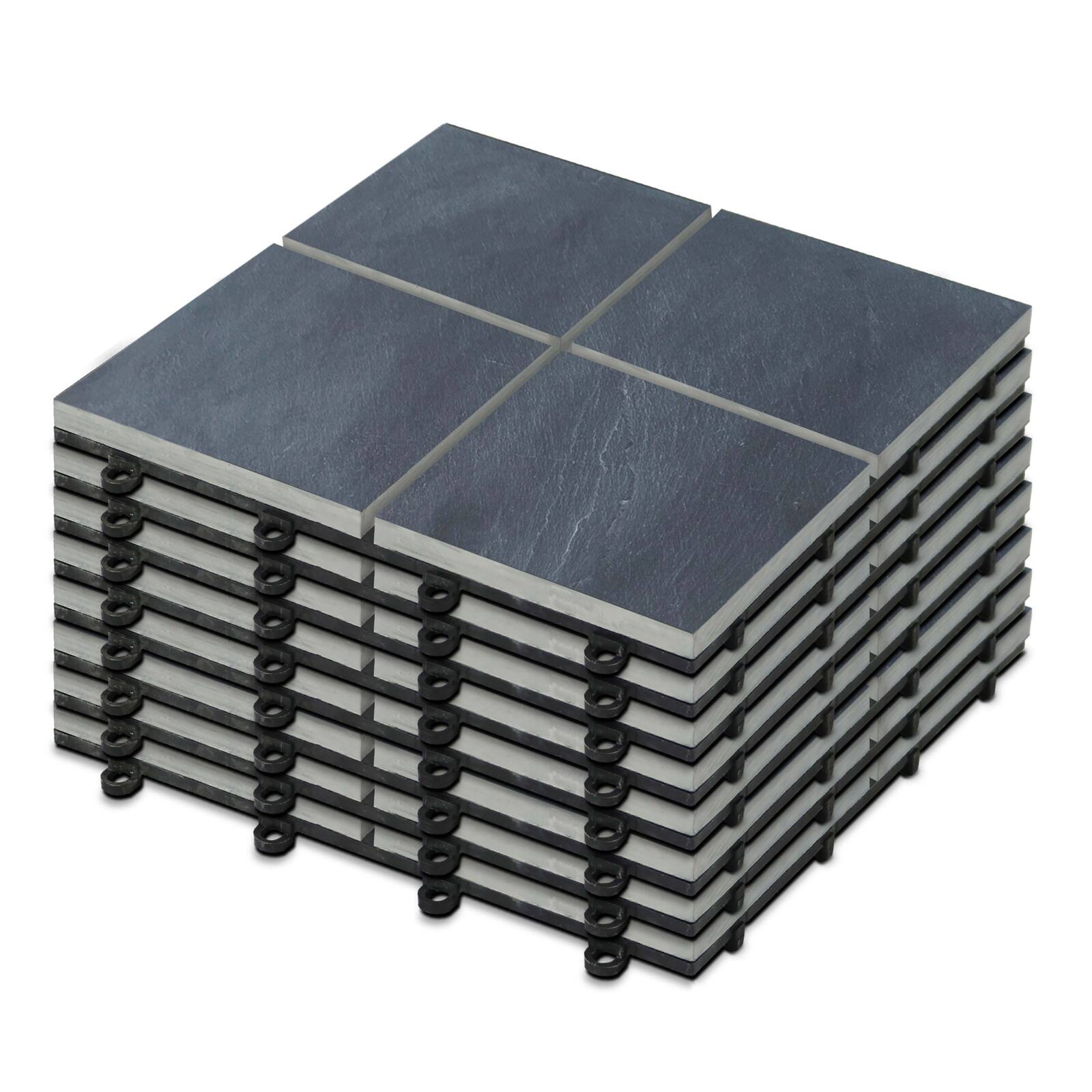 Lote de baldosas de terraza encajables en cuadrícula de piedra negra (30 x 30 x 2,5 cm)