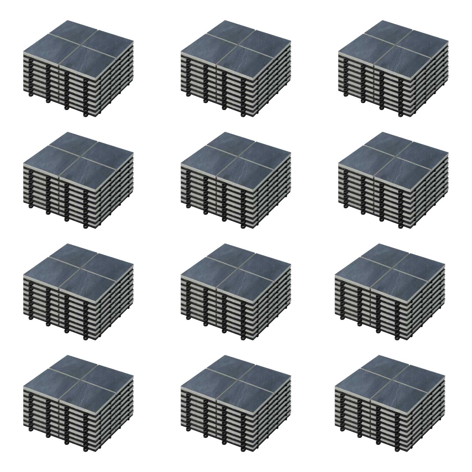 Lote de baldosas de terraza encajables en cuadrícula de piedra negra (30 x 30 x 2,5 cm)